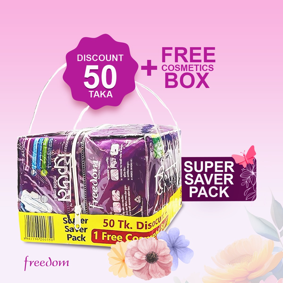 Buy 2 Freedom Sanitary Napkin Heavy Flow 16 pads Get 50 tk off with cosmetic Bag Free